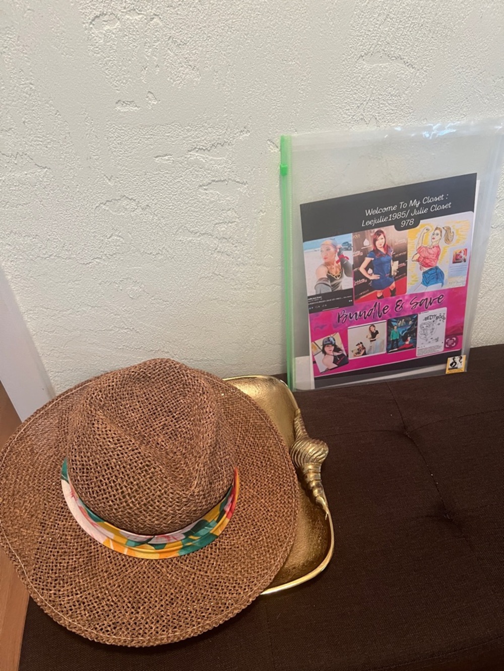 #1927: Woven Straw Fedora with Floral Band - Brown with Yellow & Green